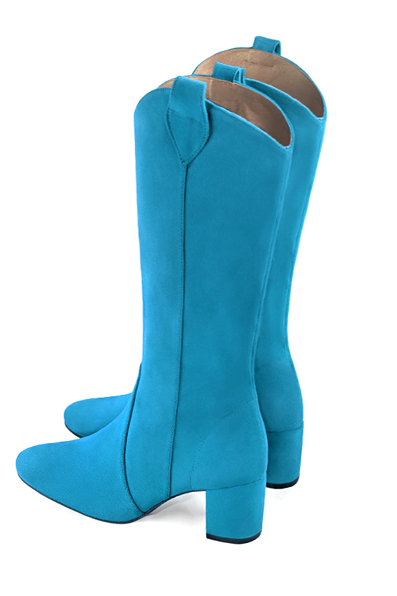 Turquoise blue women's mid-calf boots. Round toe. Medium block heels. Made to measure. Rear view - Florence KOOIJMAN